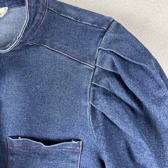 Aaron & Amber Denim Top Womens Large Blue Puff Sleeve Tie Neck Snap Button Heavy - Picture 4 of 16